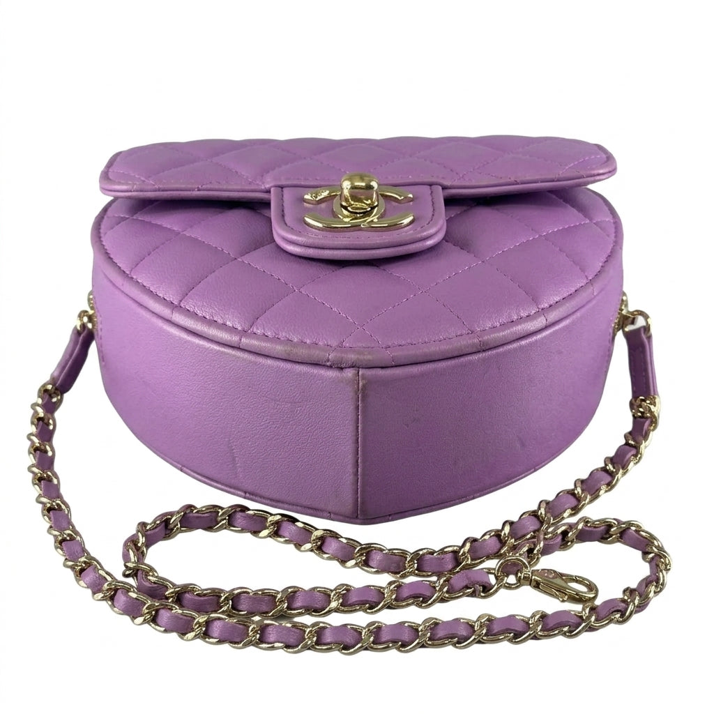 Chanel Lambskin Quilted Heart Clutch With Chain
