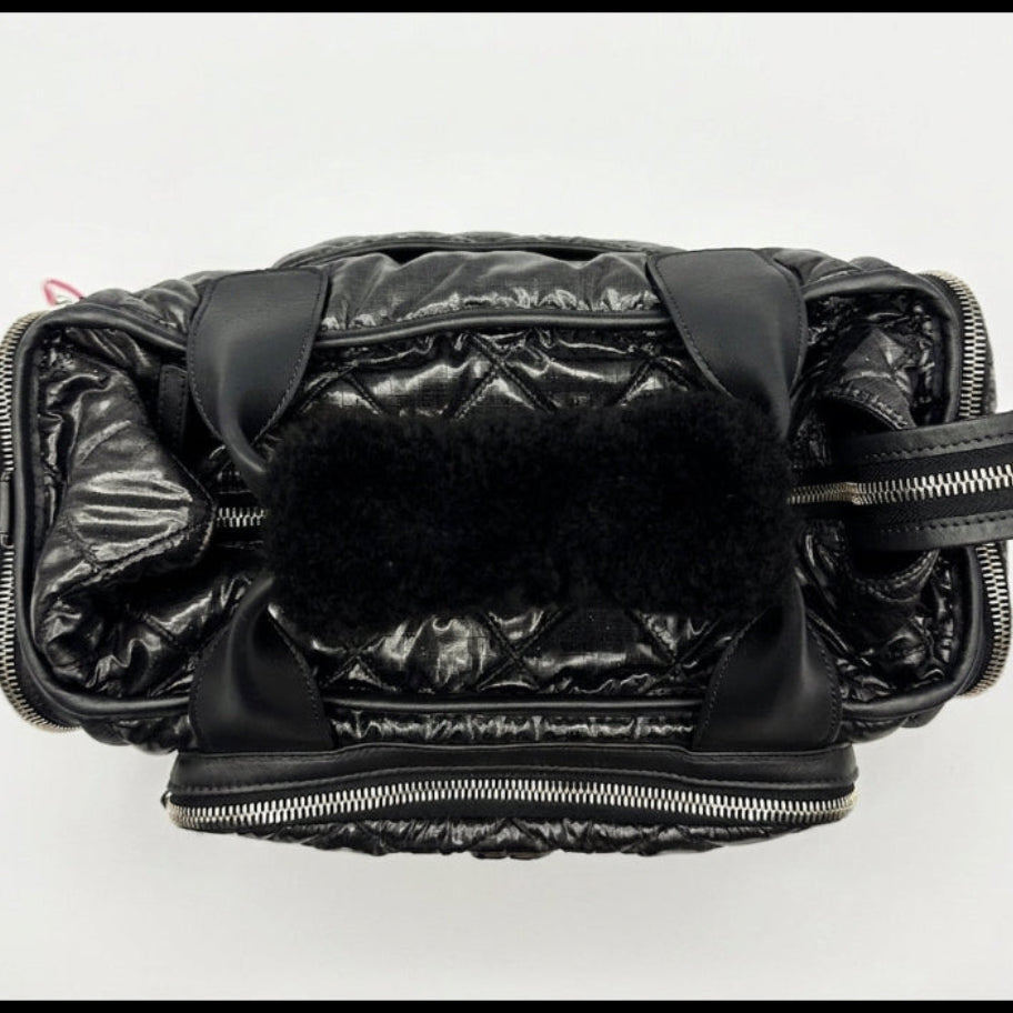 Chanel Black Quilted Nylon & Shearling Bowling Silver-Tone Hardware