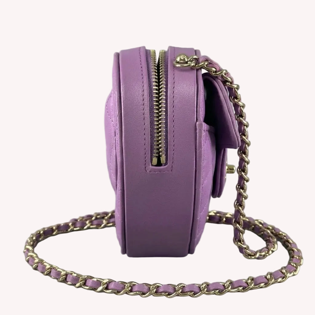 Chanel Lambskin Quilted Heart Clutch With Chain