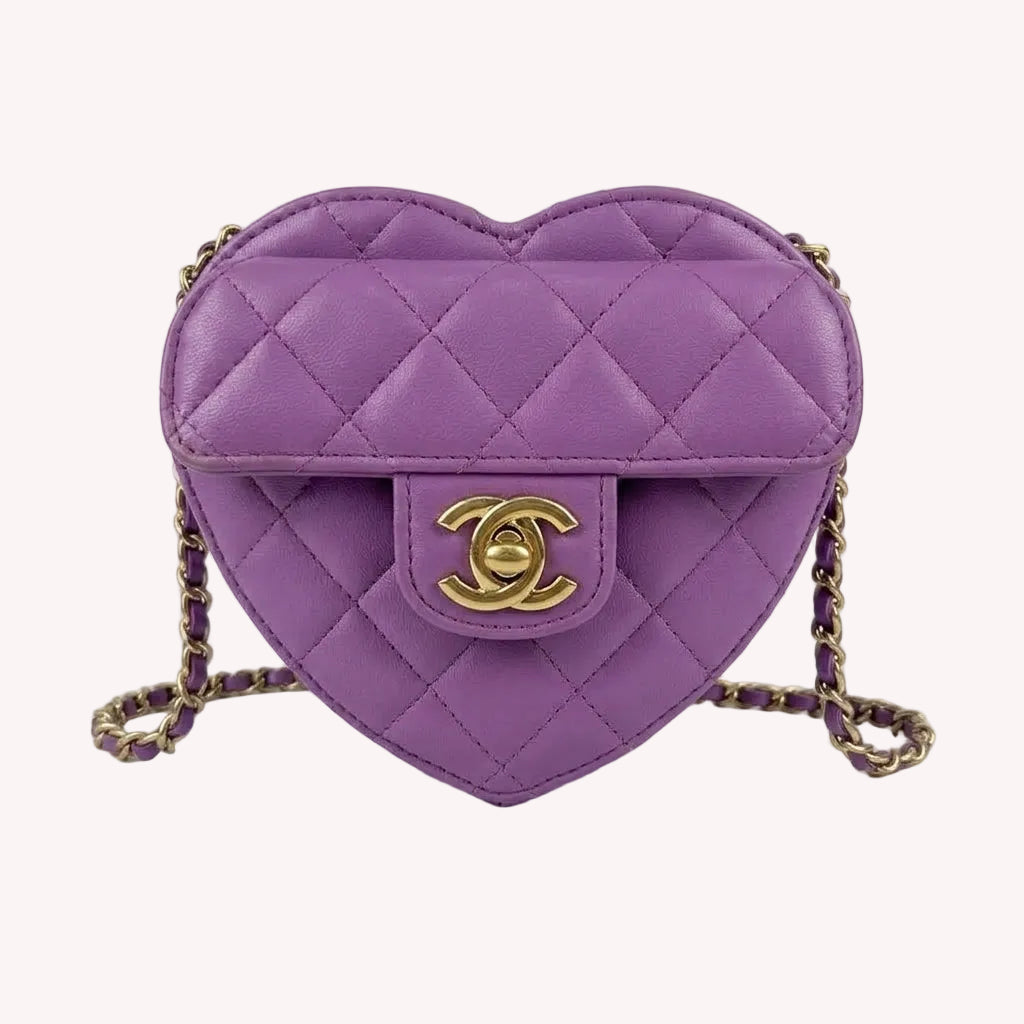 Chanel Lambskin Quilted Heart Clutch With Chain
