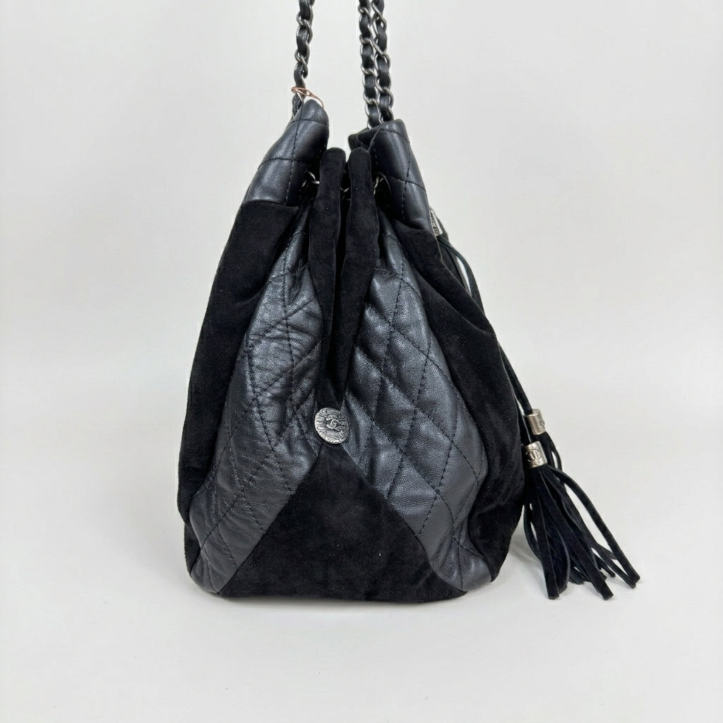 Chanel Quilted Leather & Suede Fringe Tassel Drawstring Bucket Bag