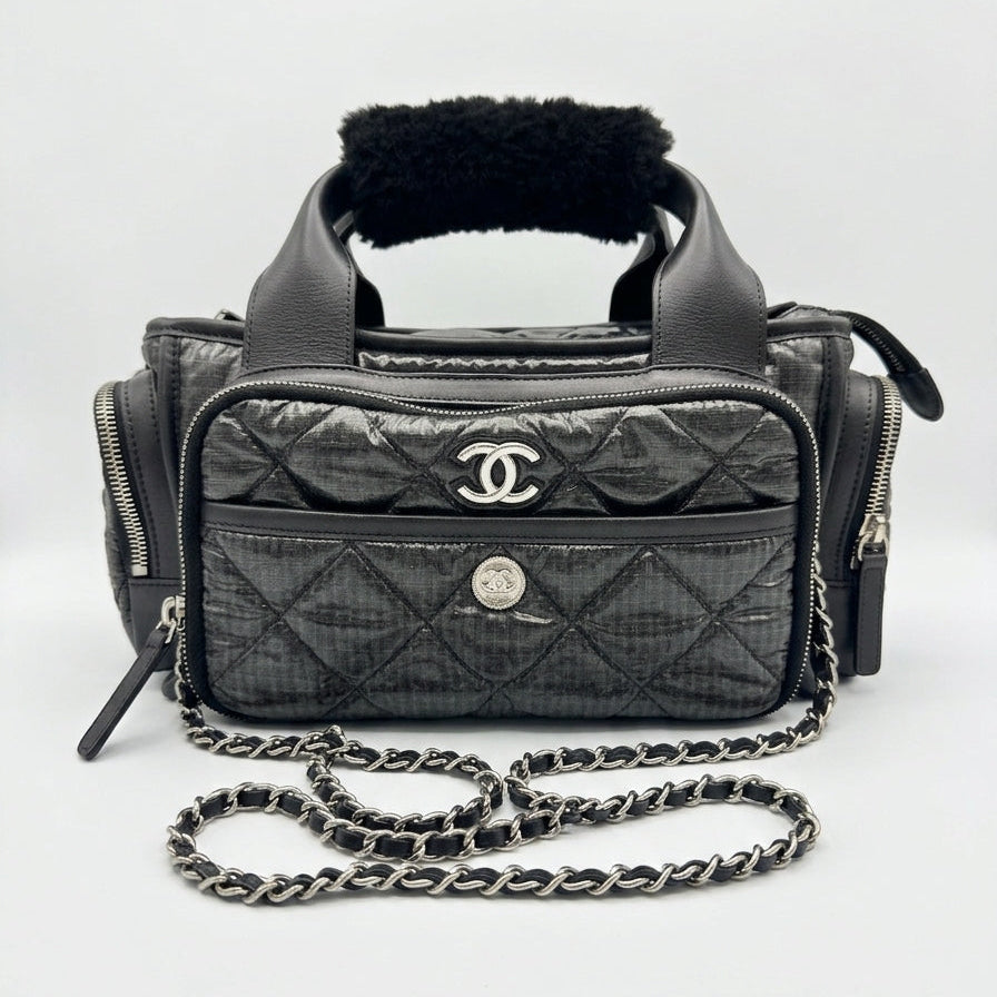 Chanel Black Quilted Nylon & Shearling Bowling Silver-Tone Hardware