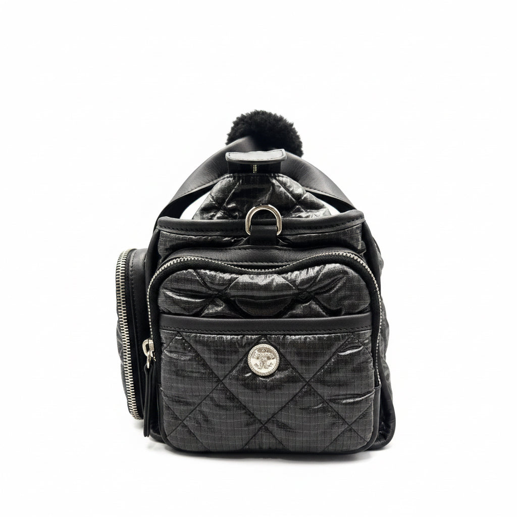 Chanel Black Quilted Nylon & Shearling Bowling Silver-Tone Hardware